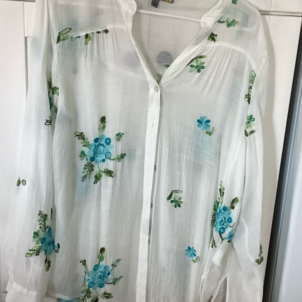 Elegant Sheer White Blouse with Blue Floral Embroidery